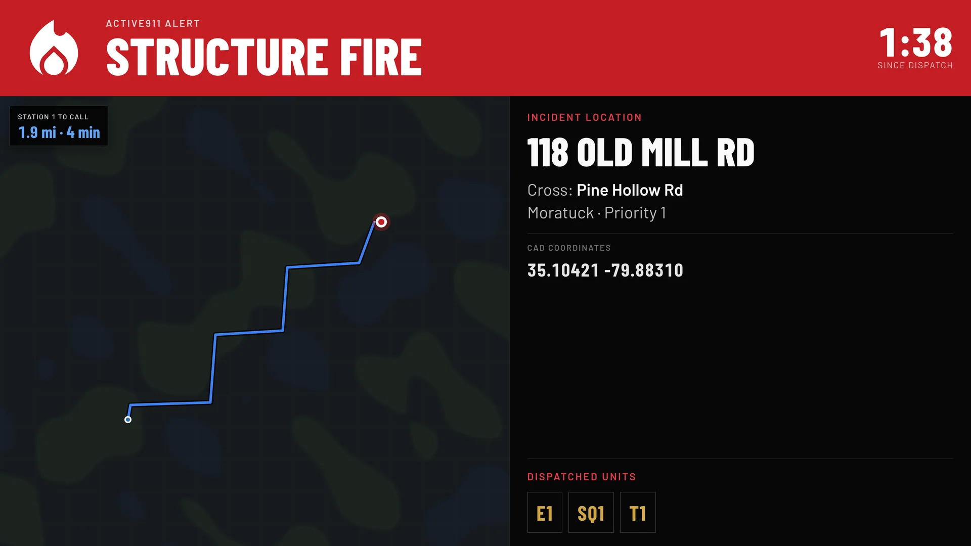 Status board call takeover showing a structure fire, time since dispatch, a route from the station, the incident address, and dispatched units
