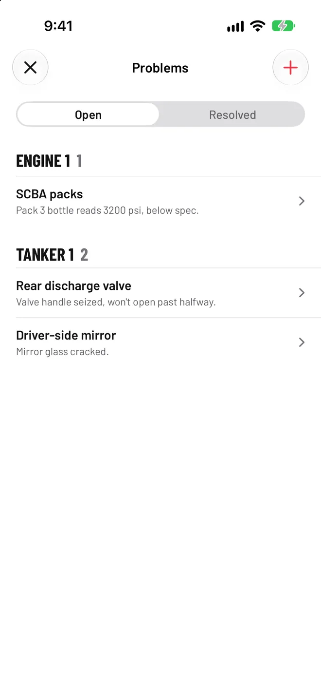 Problem list showing open deficiencies across the trucks