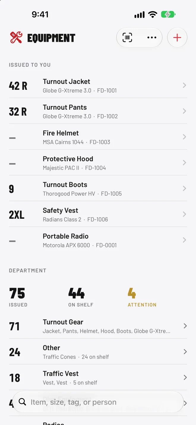Equipment list showing turnout gear, radios, and vests with sizes and asset tags