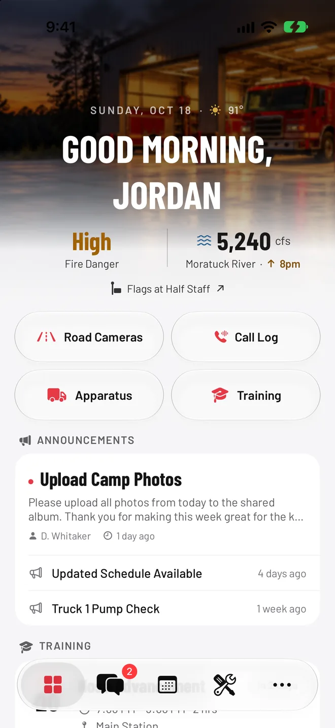 App home screen with a greeting, fire danger, river flow, quick actions, and announcements