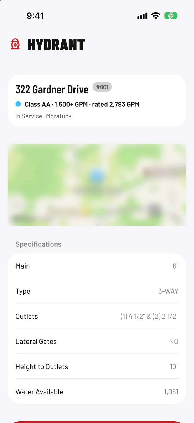 Hydrant record showing address, class, flow rating, and specifications