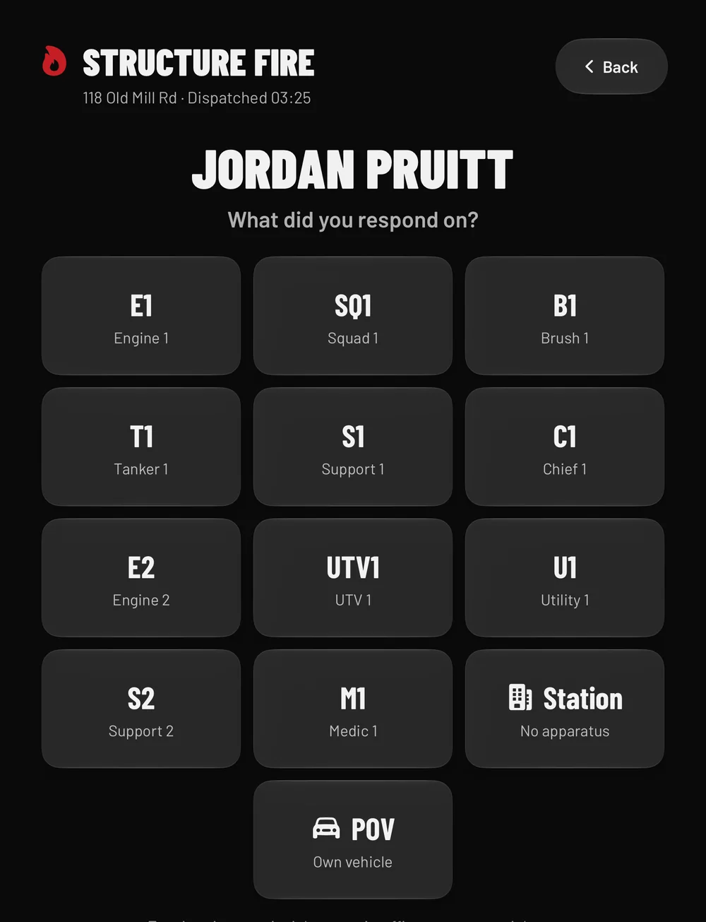 Station kiosk asking a member what they responded on, with buttons for each unit, Station, and POV