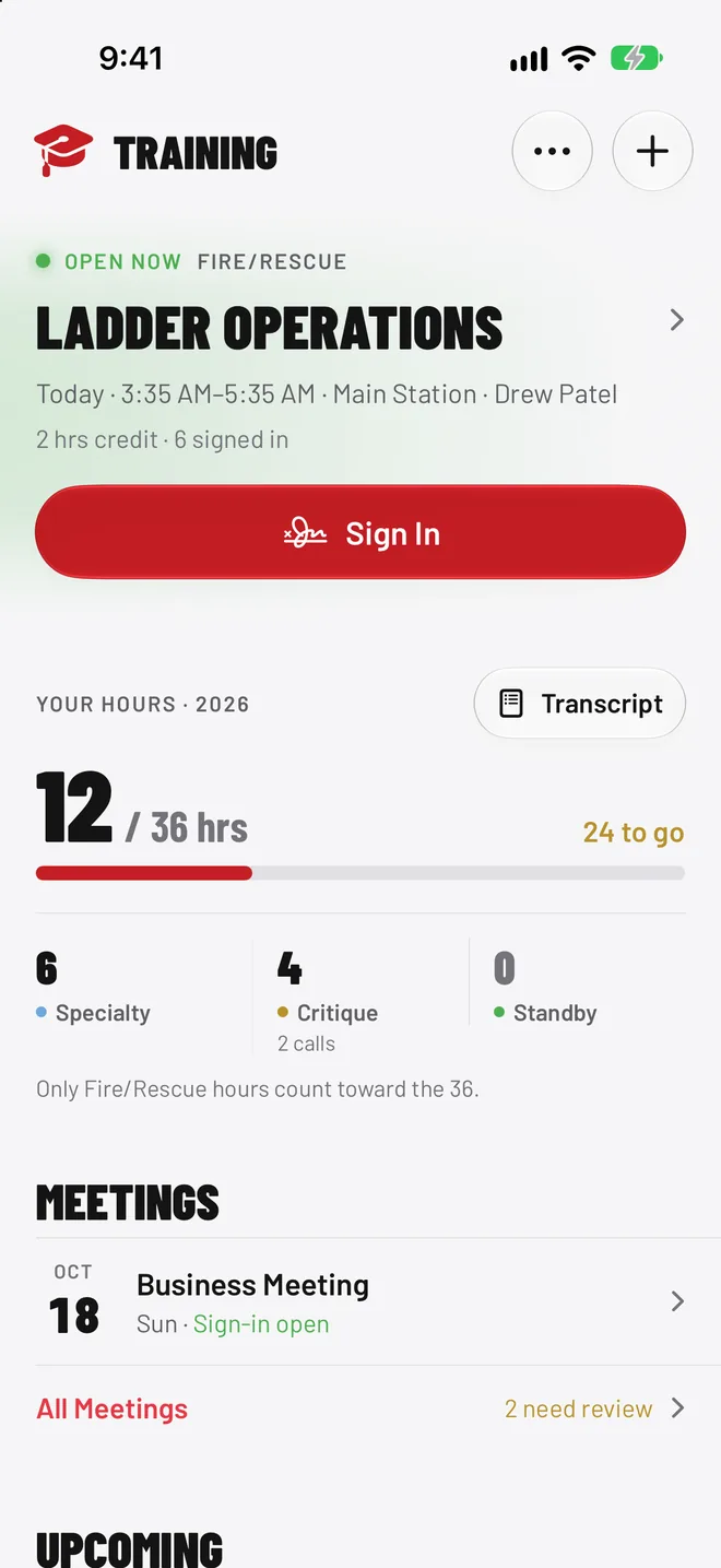 Training screen showing a ladder operations session, a sign-in button, and annual hours progress