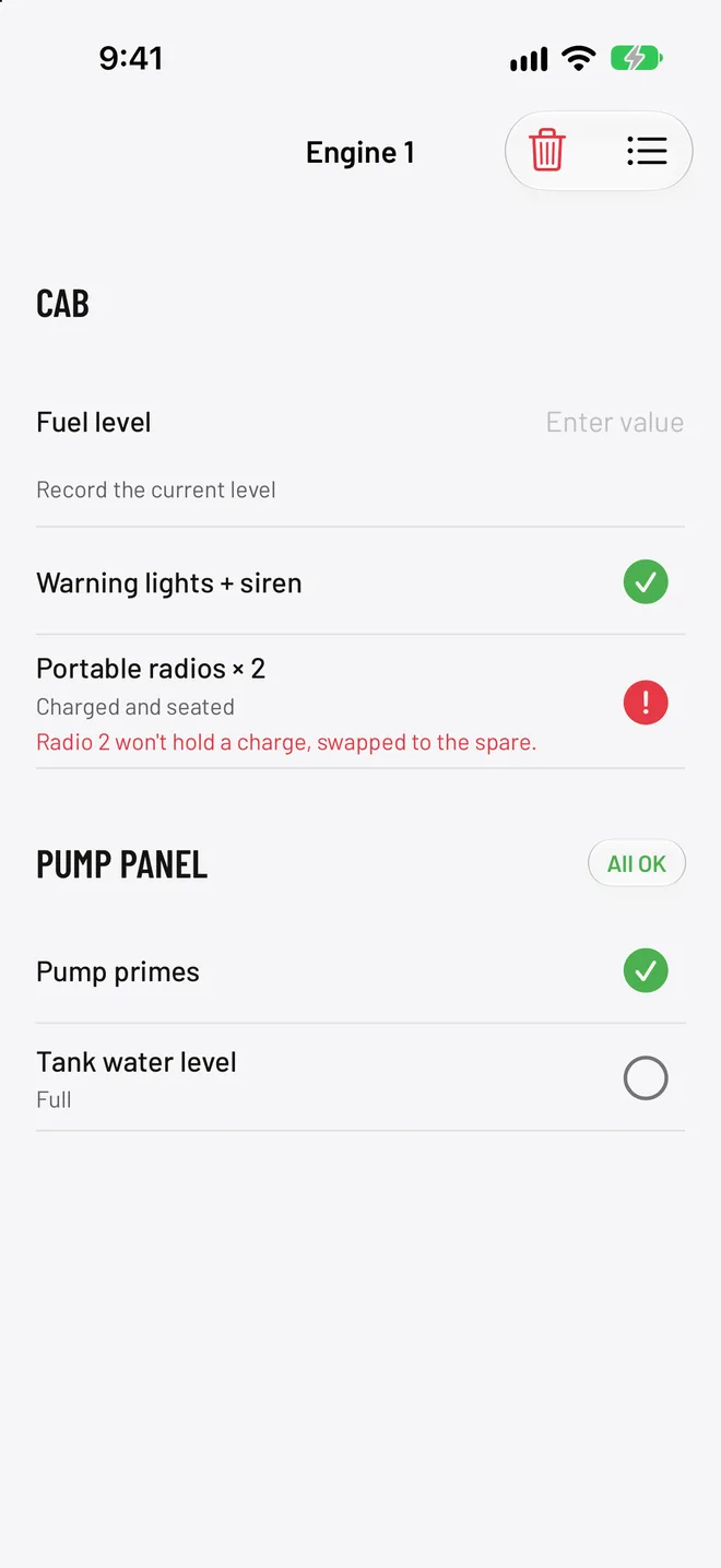 Engine 1 truck check with portable radios marked as a problem and a note that Radio 2 won’t hold a charge