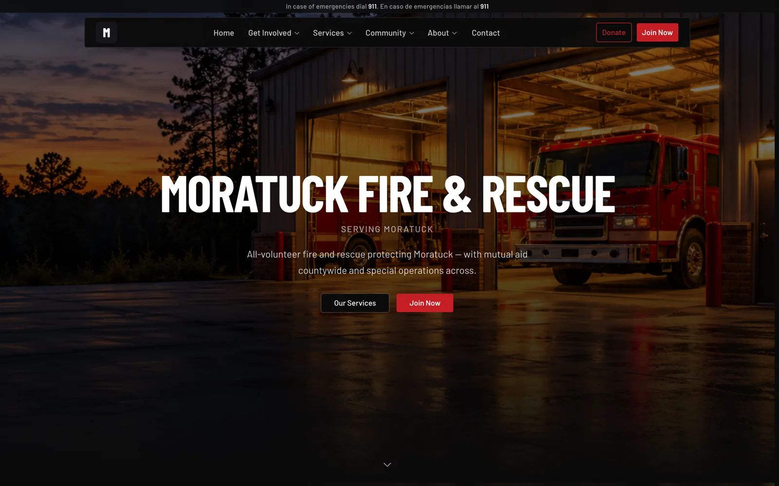 Public website home page for Moratuck Fire and Rescue with Our Services and Join Now buttons over a photo of the station